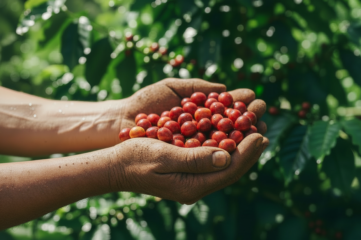 Farmer hands with light dirt residue holding coffee cherries